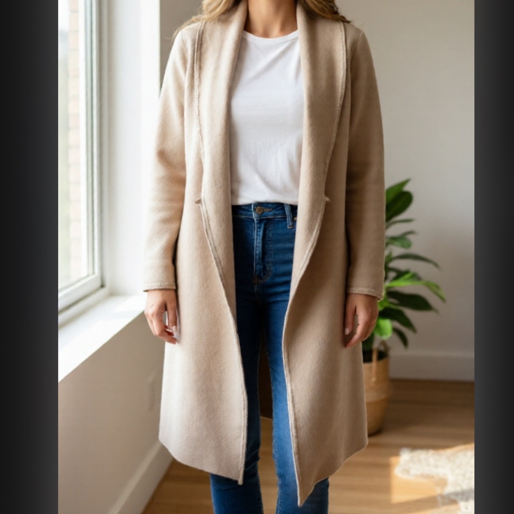 Nougat London wool Long Beige Open Front Cardigan